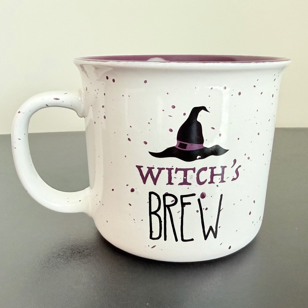 Market Finds Witchs Brew Halloween Coffee Mug White Purple Speckled‎ Ceramic Cup